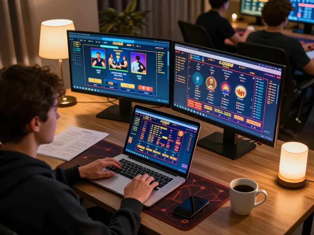 Engaged player exploring GO88 online casino gaming interface on laptop, showcasing vibrant gameplay and strategic notes.