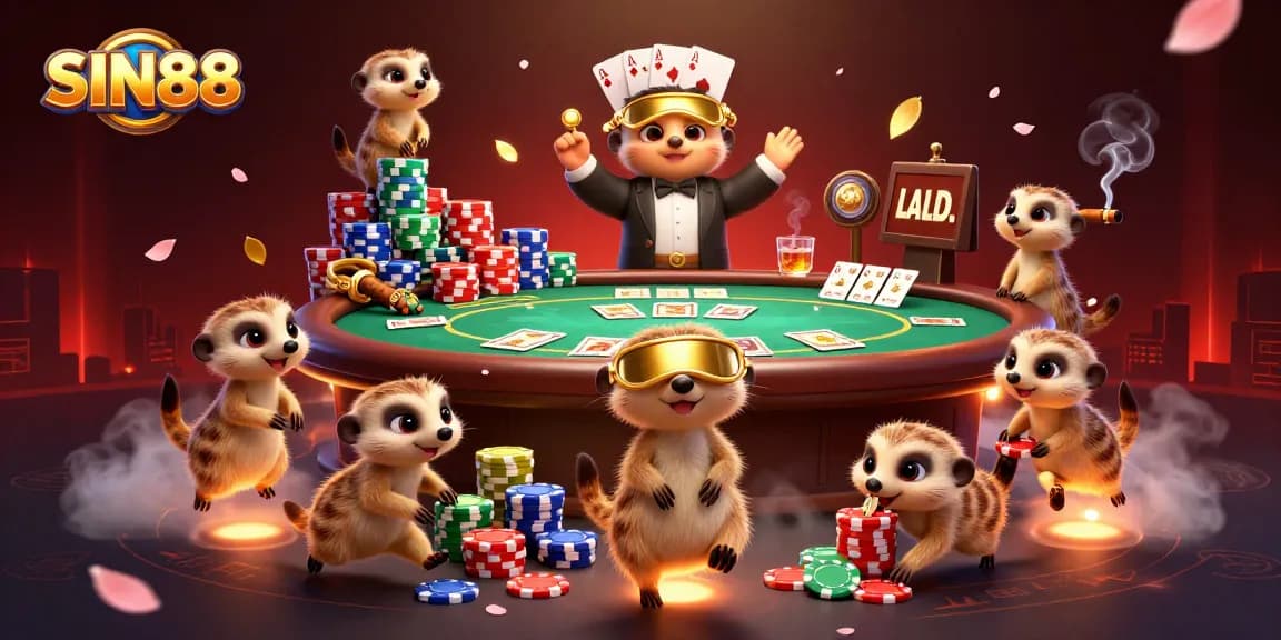 SIN88 meerkats manage an exciting casino scene with vibrant poker elements and engaging activities.