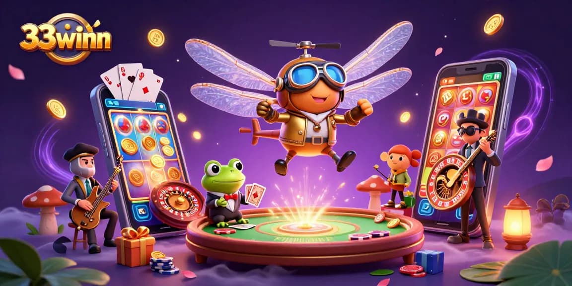 Experience the thrilling world of 33winn with a vibrant casino scene featuring a dragonfly pilot and a frog croupier.