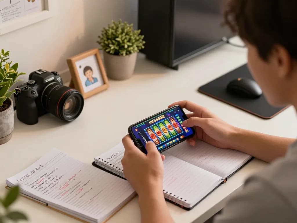Enjoying mega888 apk on a smartphone at a cozy home gaming setup, reflecting strategic gameplay.
