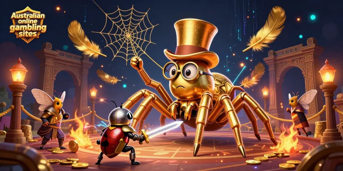 Engage with Australian online gambling sites featuring a golden tarantula and knight in vibrant casino scene.