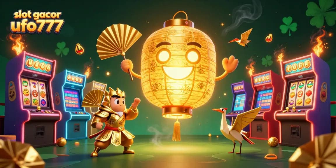 Experience high-stakes thrills with slot gacor ufo777's vibrant gaming environment featuring golden lanterns and dynamic arcade machines.