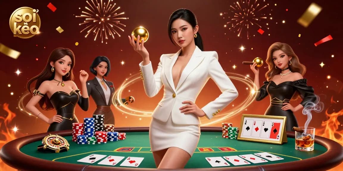 Soi kèo expert reveals winning strategies with a gorgeous model showcasing luxury casino elements.