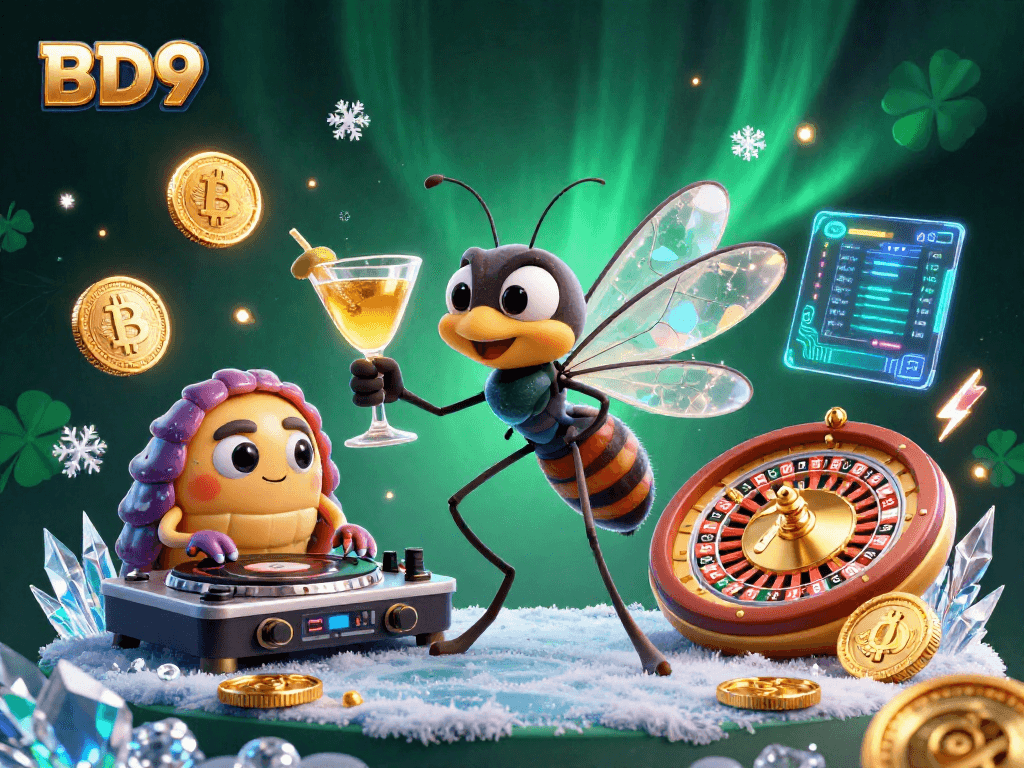 Engage with BD9's vibrant gaming universe showcasing a frozen mosquito mascot and crypto elements in action.