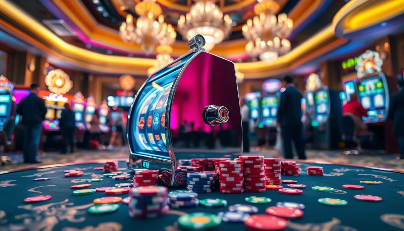 Slot yang menarik dikelilingi chip warna-warni di kasino yang ramai.