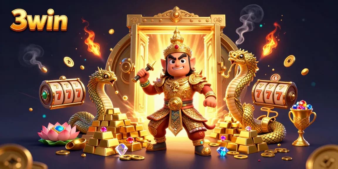 3win showcases a vibrant 3D casino scene with golden treasures, slot reels, and a guardian.