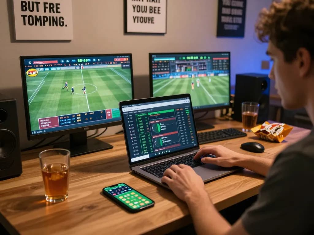Active sports betting scene with TG88 user engaging on laptop and smartphone, showcasing a modern gambling setup.