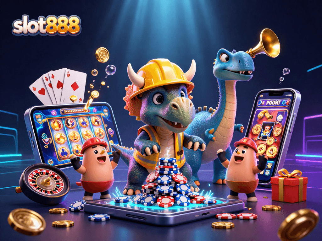 Permainan slot888 yang mengasyikkan dengan simbol dan chip poker, meriahkan pengalaman bermain!