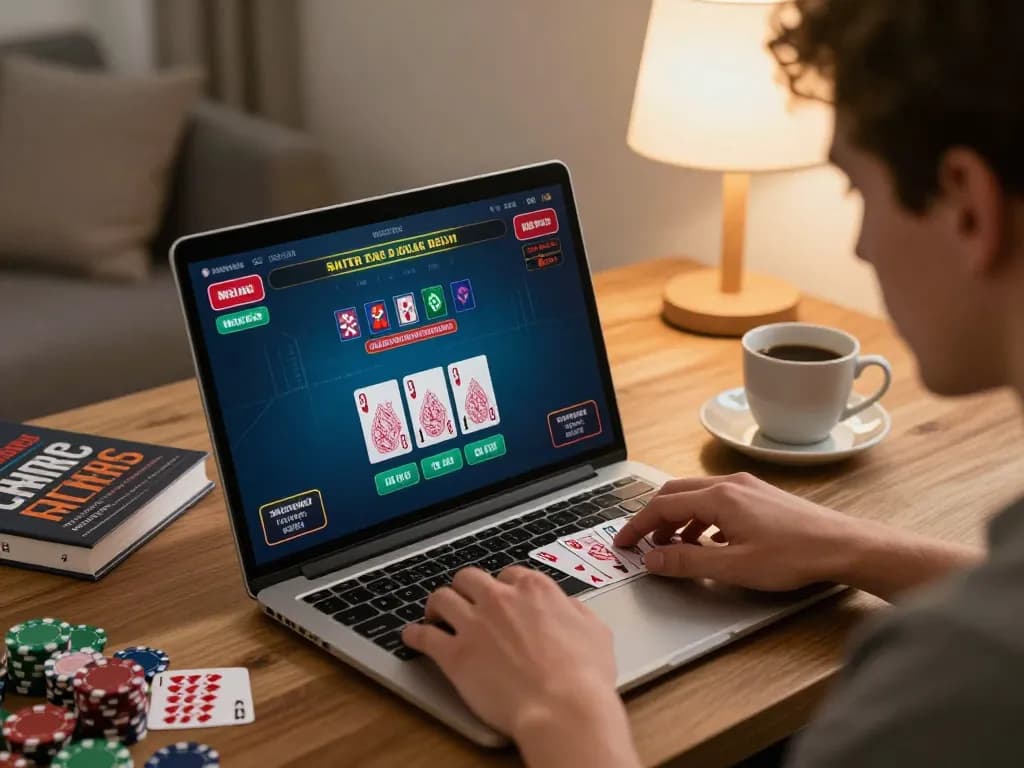 Engaged player on laptop enjoying FIVE88 online blackjack, demonstrating strategic gameplay in cozy home office.
