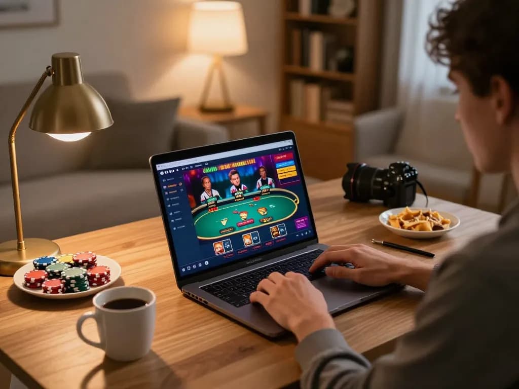 Player enjoying Sunwin poker games at home, showcasing strategic bets and ambient gaming setup.