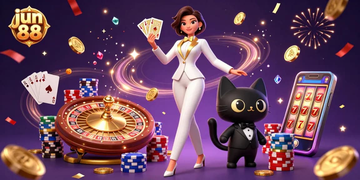 Experience the excitement at jun 88 with a glamorous woman and cat in a vibrant casino scene.