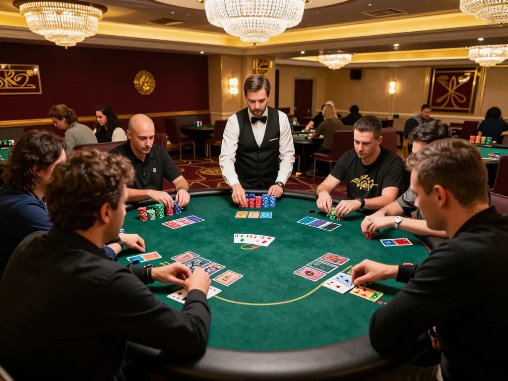 Players engaged in a poker game at a Vegas casino showcasing strategic moves with XX88 chips.