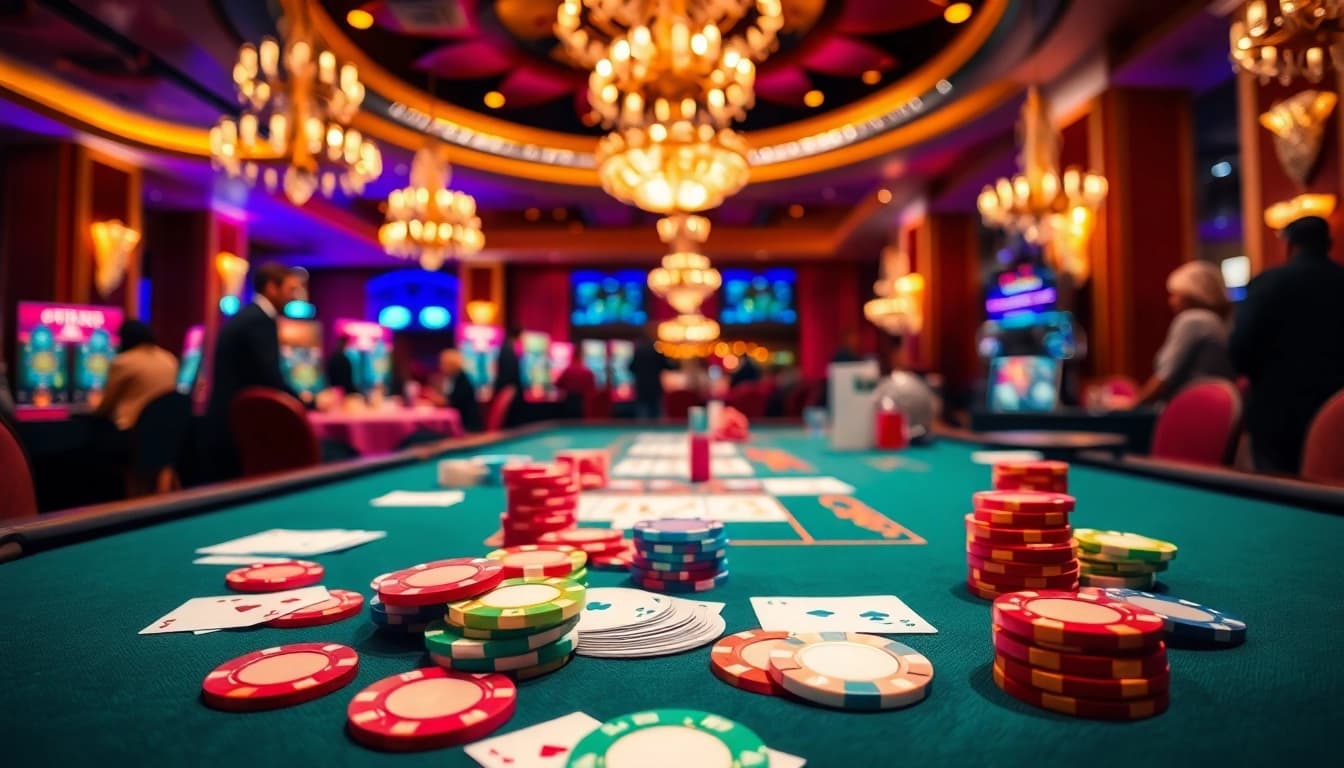 Situs toto permainan kasino yang menampilkan meja permainan dengan chip dan kartu berwarna-warni.