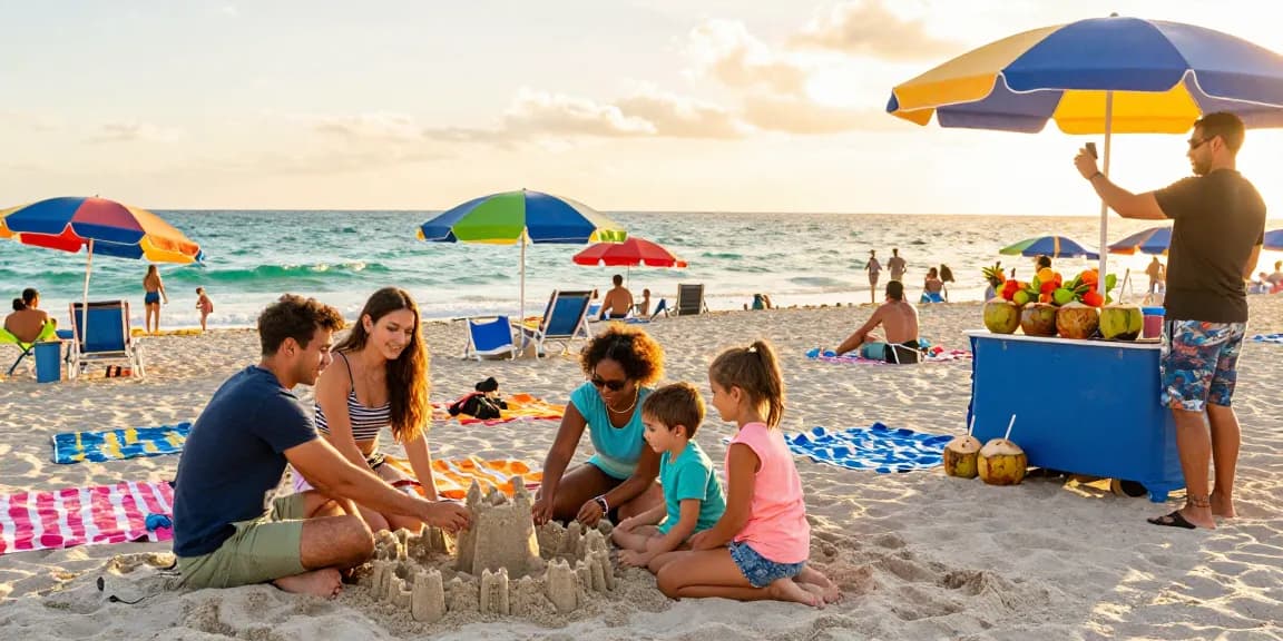 Pengunjung di pantai Miami, menikmati suasana santai dengan bangunan istana pasir dan minuman segar dari https://miami4d.com/.