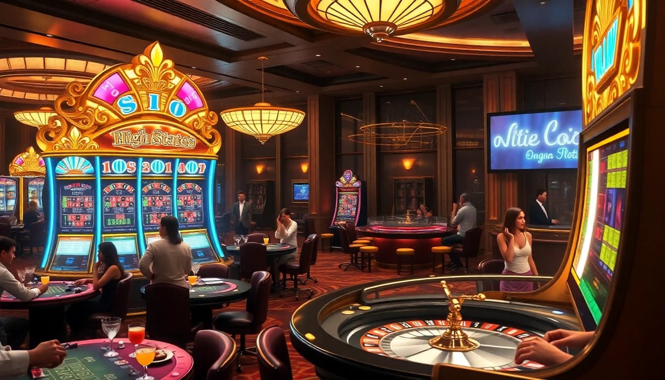 Win big with idn slot at a luxurious casino, featuring vibrant machines and enthusiastic players.