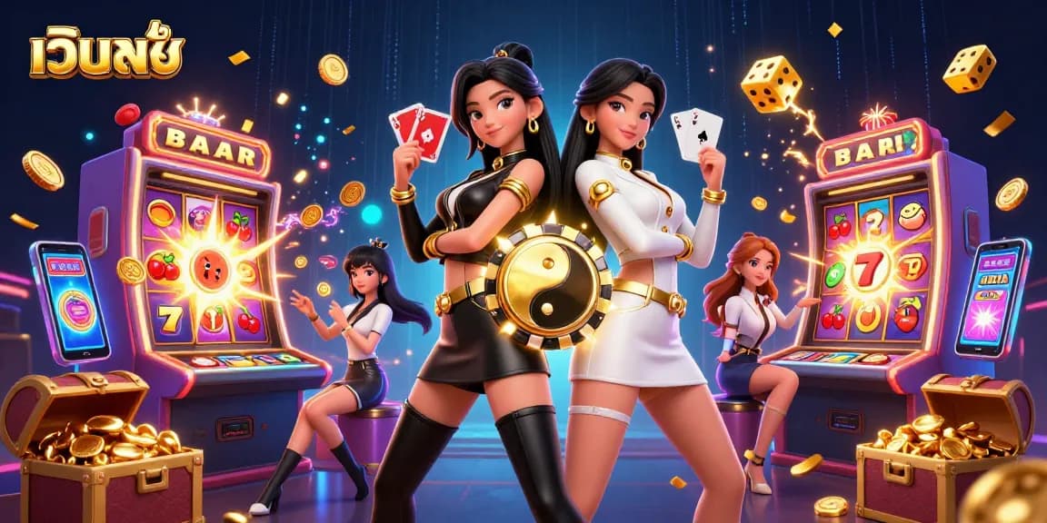 Engage with เว็บตรง casino excitement featuring twin Asian women and a vibrant 3D gambling scene.