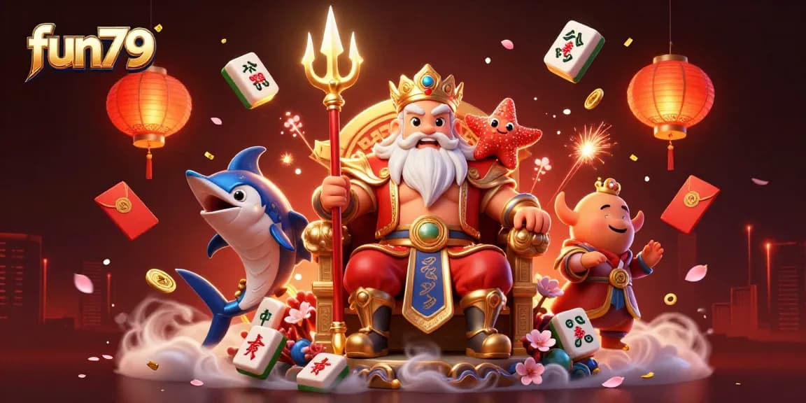 Wins and big prizes await with fun79, featuring Neptune and vibrant casino elements.