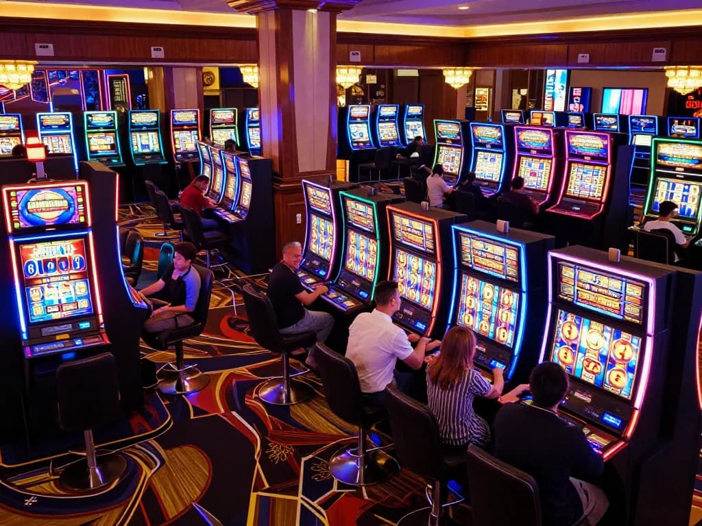 Players enjoying the Super Scatter slot machines at UGDEWA casino, celebrating wins amid vibrant lights.