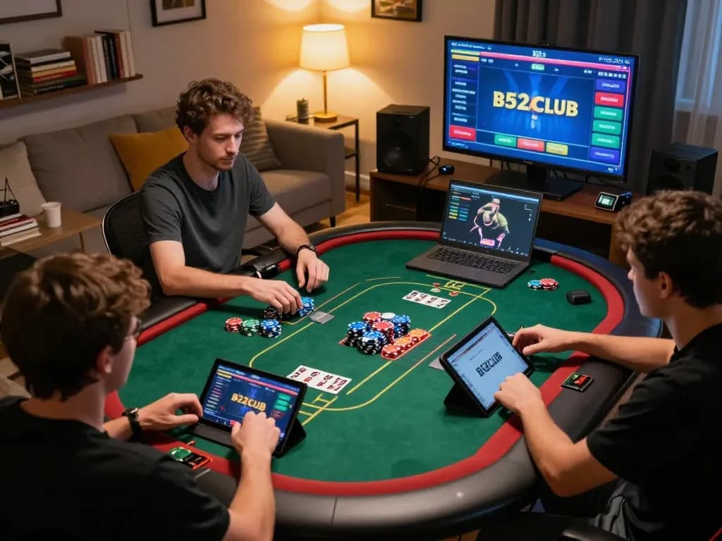 B52CLUB players engaging in an online poker game setup, highlighting strategic gameplay and vibrant atmosphere.