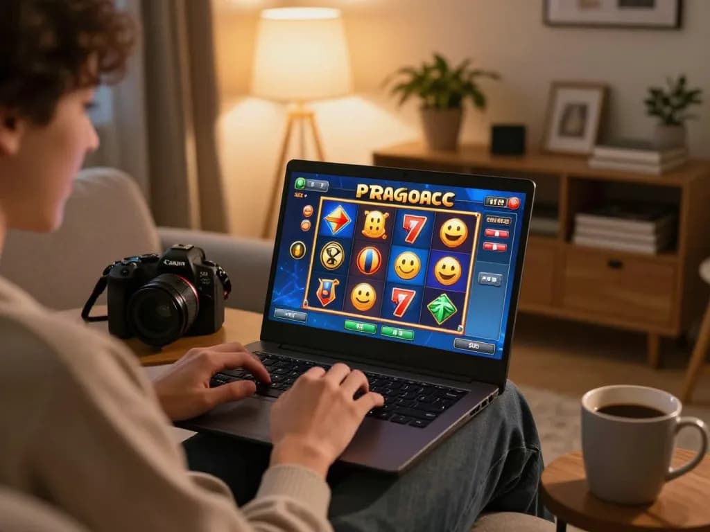 Engaging moment of a player enjoying a Demo Slot Pragmatic game on their laptop in a cozy home setting.