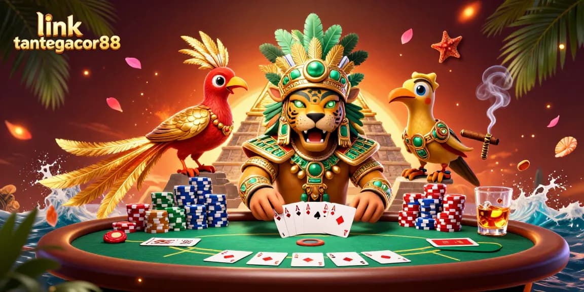 Link tantegacor88 menampilkan ilustrasi kasino 3D yang kaya warna dengan jagoan Maya dan elemen poker.