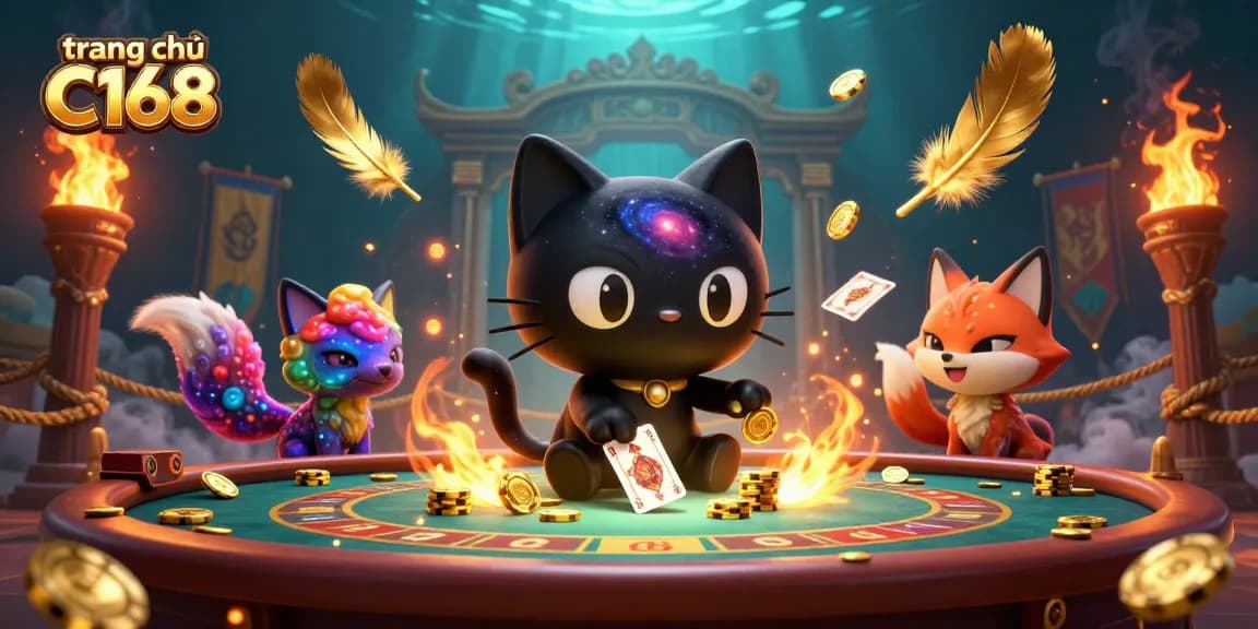Engage with exciting games on trang chủ C168 featuring a cosmic cat and vibrant elements.