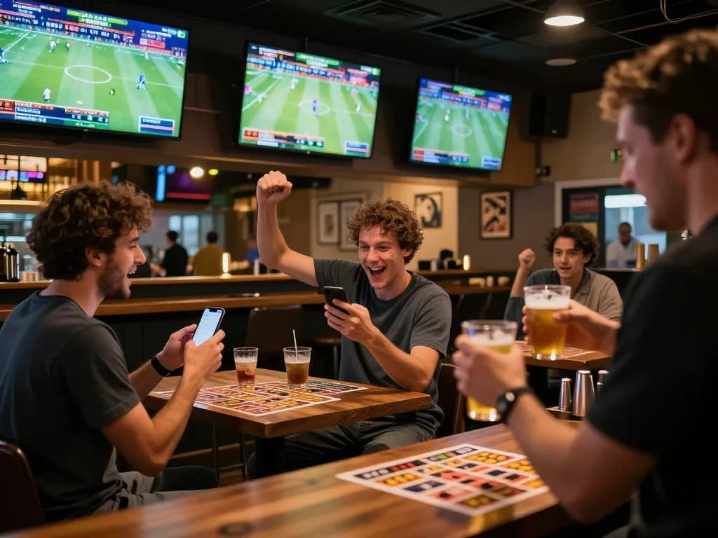 Betting on sports at UU88, patrons cheering with smartphones at a vibrant sports bar scene.