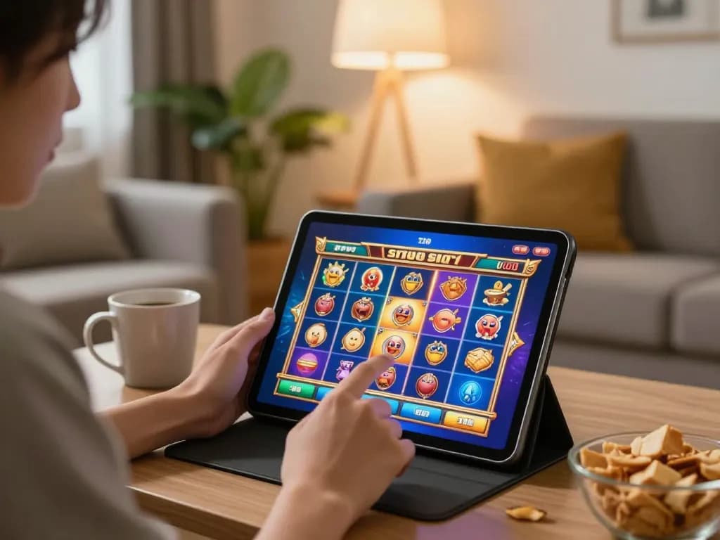 Sparking excitement while playing situs slot games on a tablet in a cozy living room setting