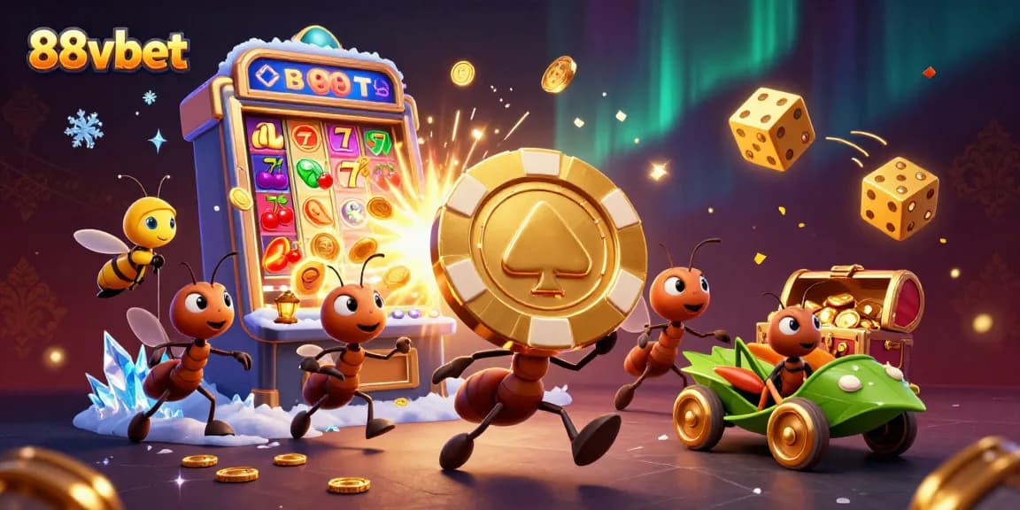 Experience the thrill of 88vbet as ants transport a giant poker chip amidst vivid casino scenes.