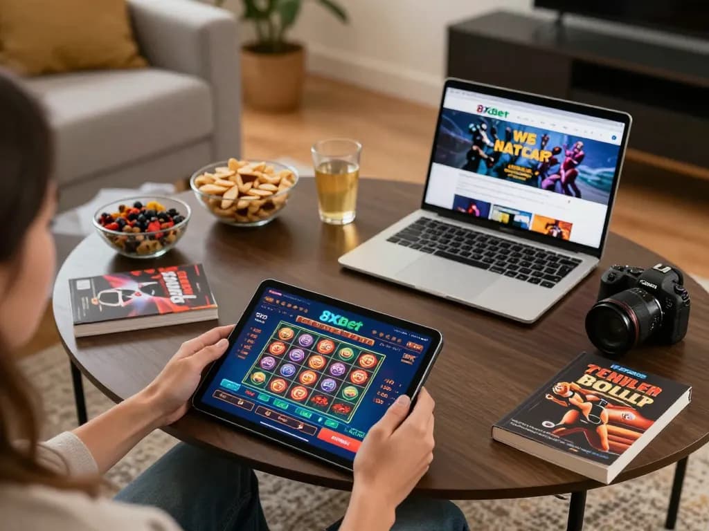 Individual strategizing online betting methods on 8xbet at a cozy home setup, highlighting a dynamic gaming atmosphere.