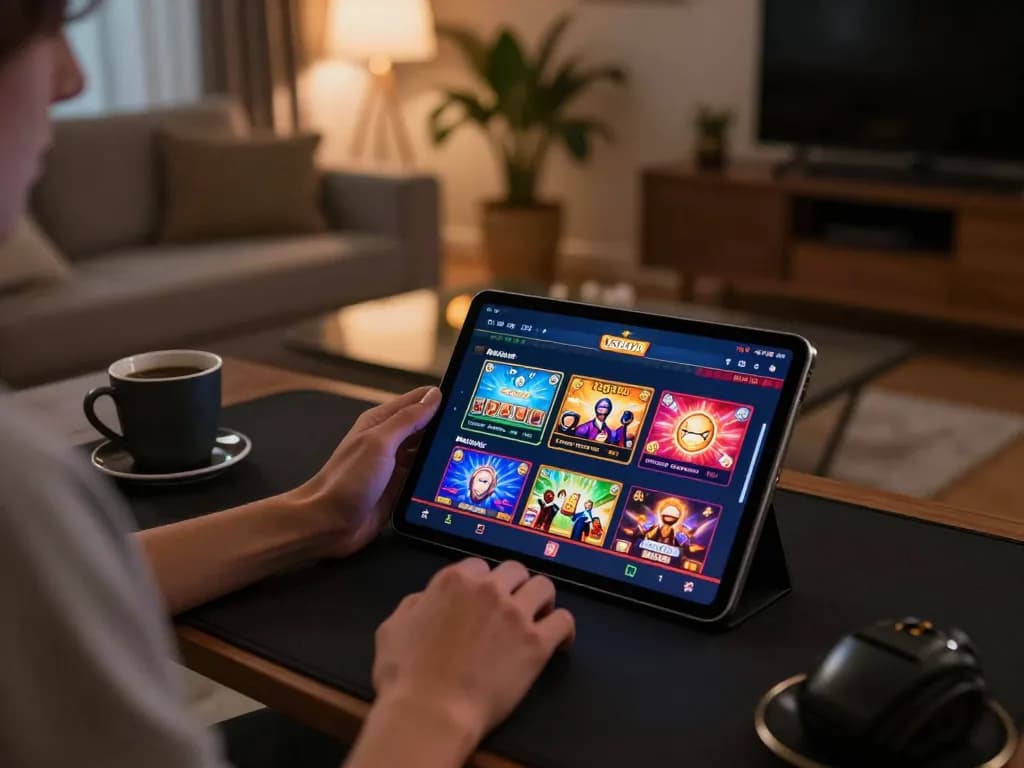 Engaging gameplay on UGDEWA online casino interface displayed on tablet in cozy home setting