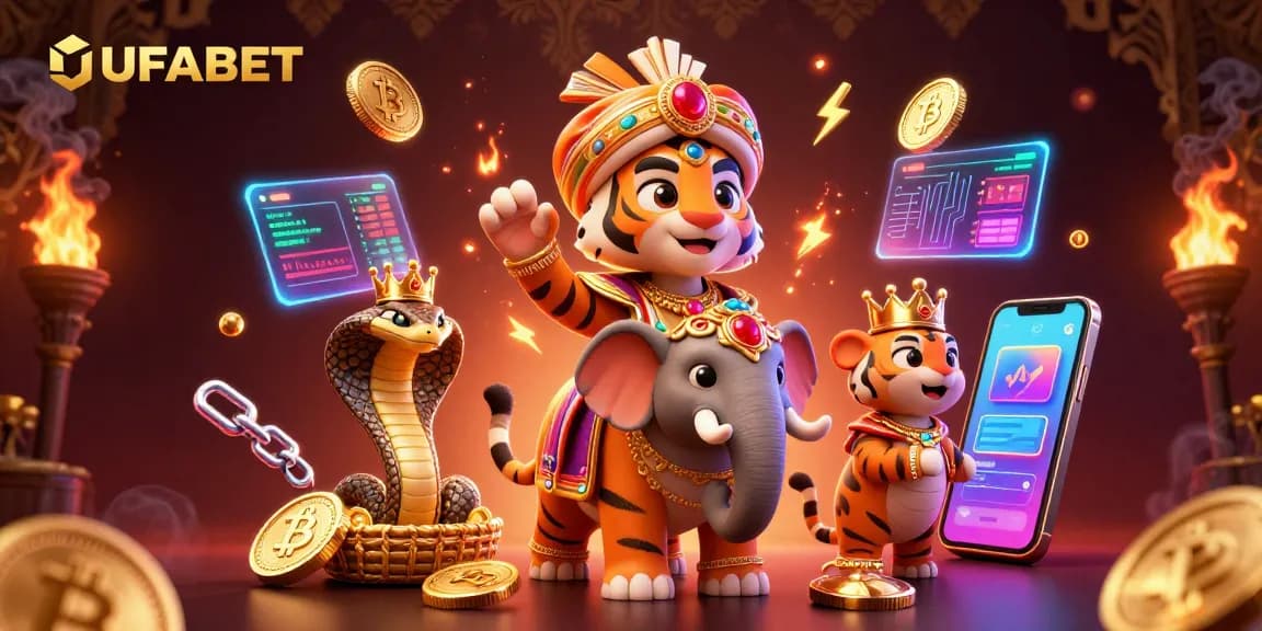 Experience the excitement of UFABET with vibrant illustrated casino elements and characters.