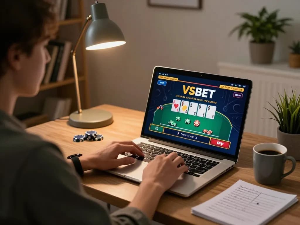 Engaging scene of a user actively participating in VSBET online casino poker game from a cozy home office.