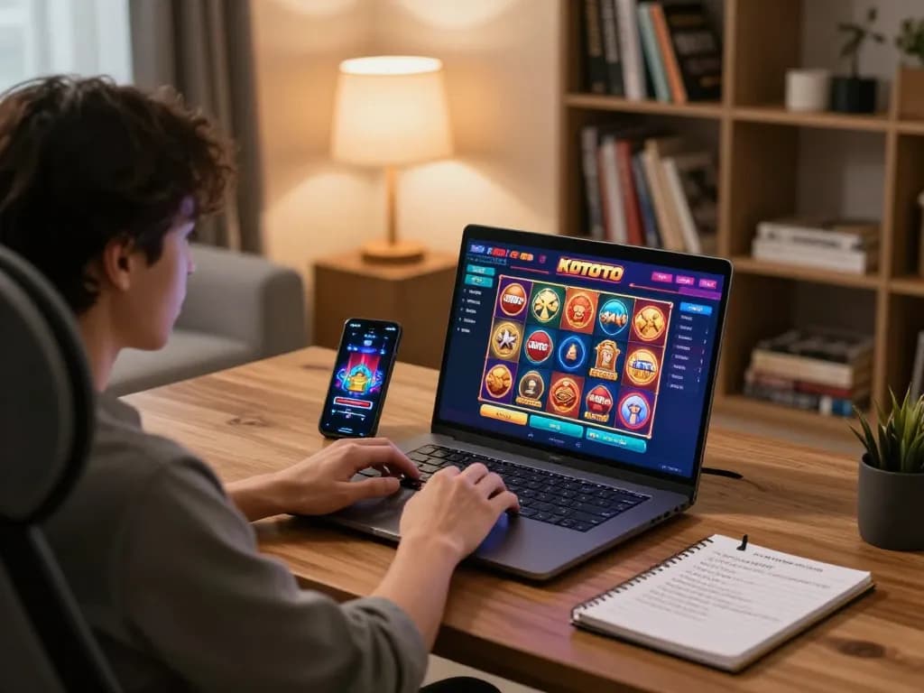 KDTOTO player engaged in vibrant online gaming on a laptop in a cozy setup, emphasizing strategic play and responsible gambling.