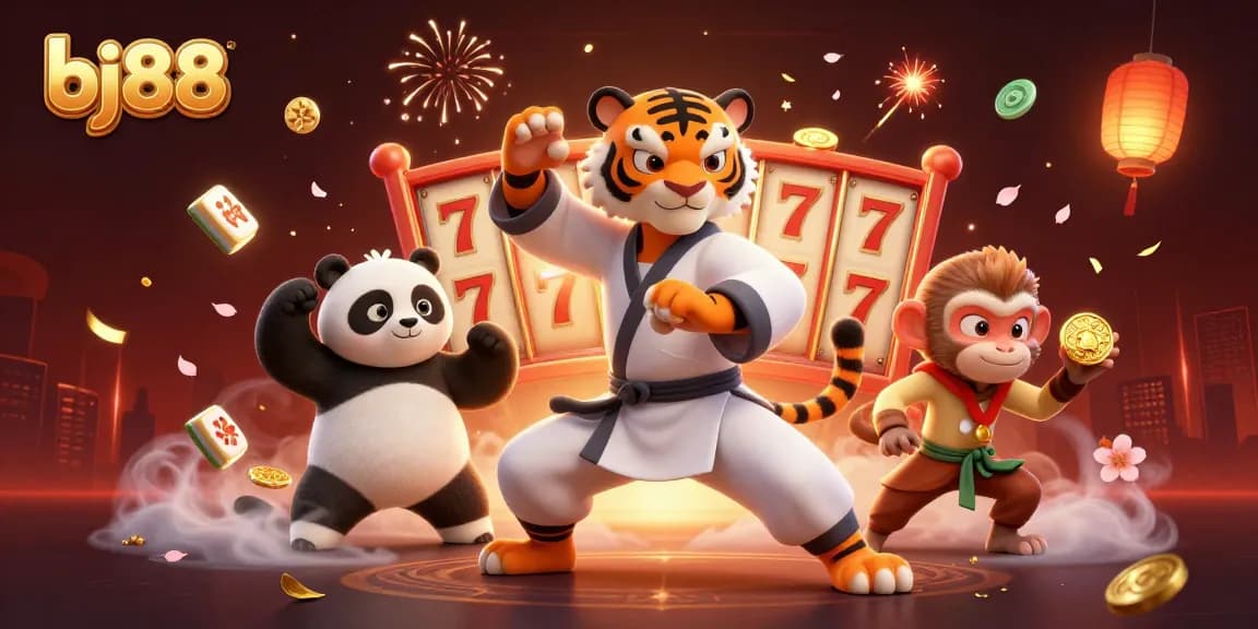Win big at bj88 with a festive atmosphere showcasing a kung fu tiger, panda disciple, and fireworks.