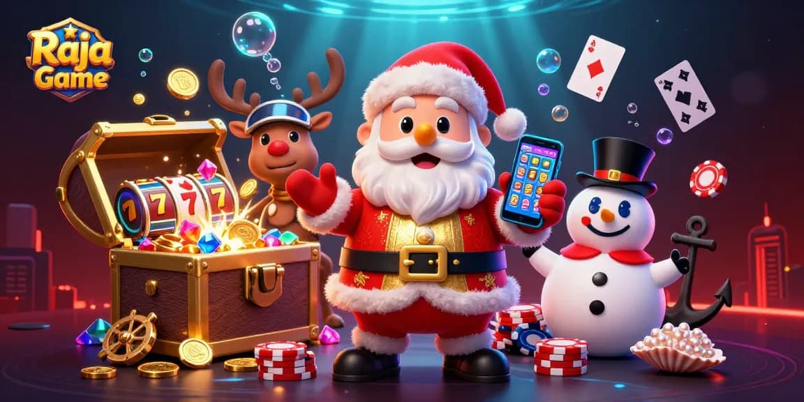 Experience the Raja Game excitement with Santa Claus and friends winning jackpots in a vibrant casino scene.