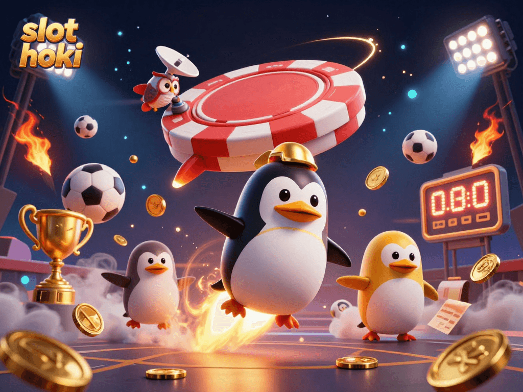 Experience the excitement of slot hoki with a golden penguin racing towards a casino space station.