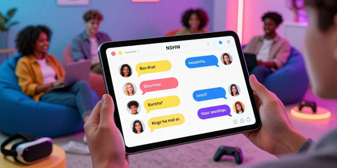 Engaging NSFW chat experience on a modern tablet held by young adults in a vibrant digital space.