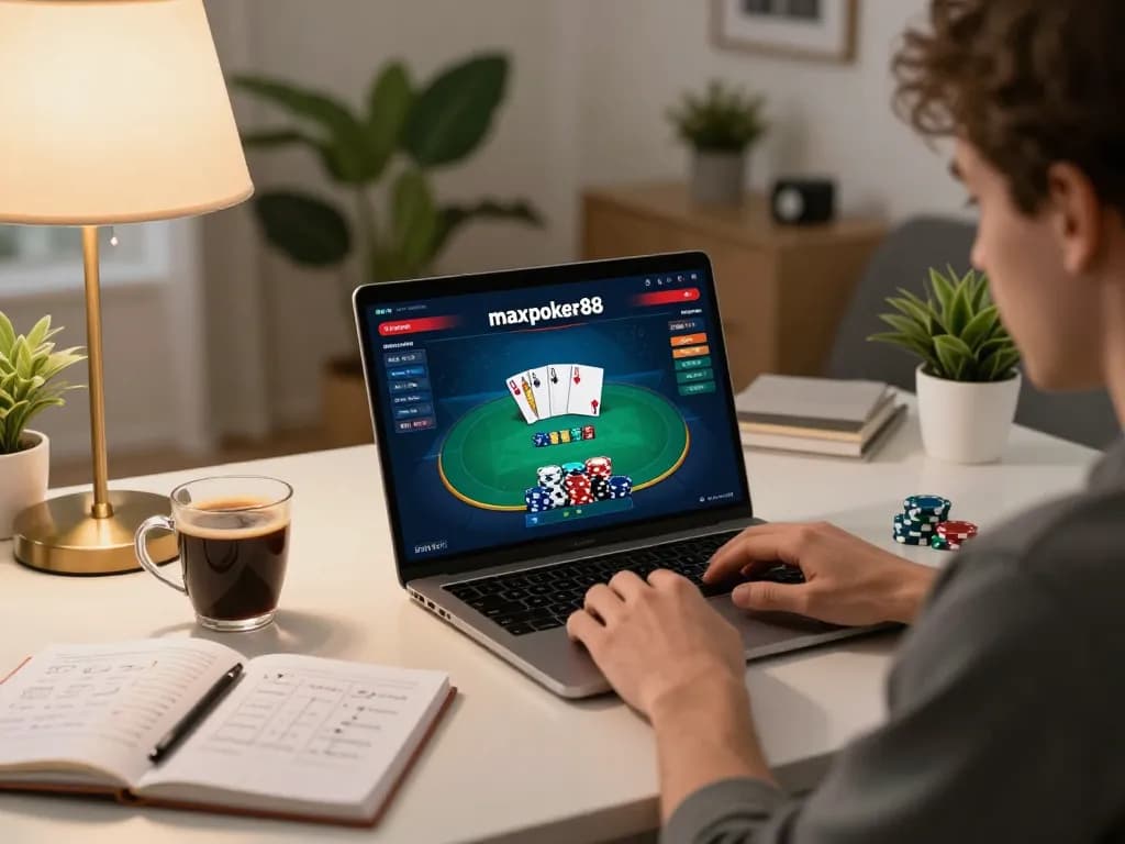 Engaging player using maxpoker88 for online poker strategy at home with laptop and coffee.
