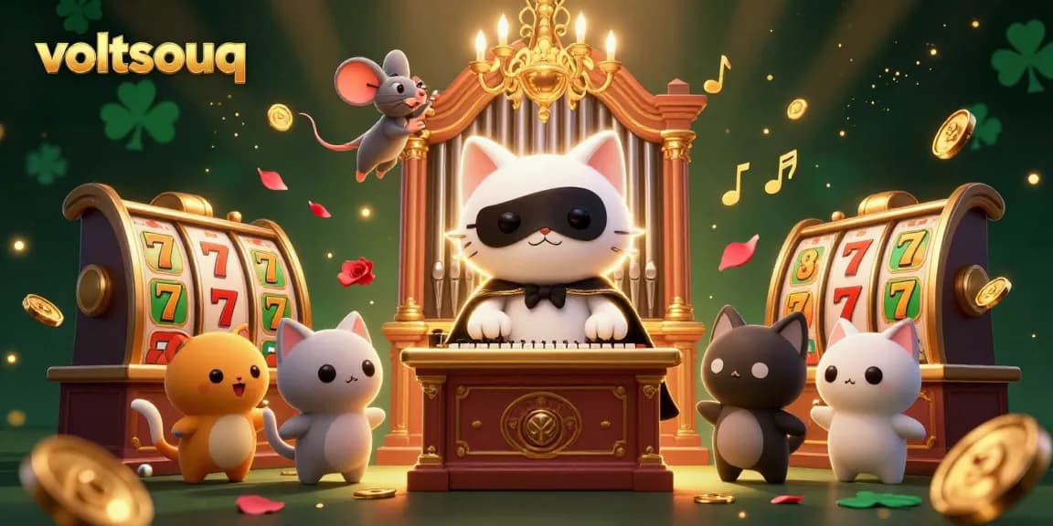 Experience the excitement of voltsouq's casino scene with a charming cat and mouse acrobat surrounded by vibrant gaming elements.