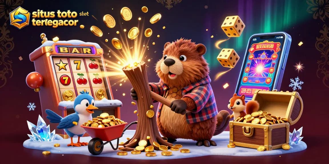 Situs toto slot tergacor showcases a lively 3D scene with a beaver, bird, and squirrel amidst casino excitement.