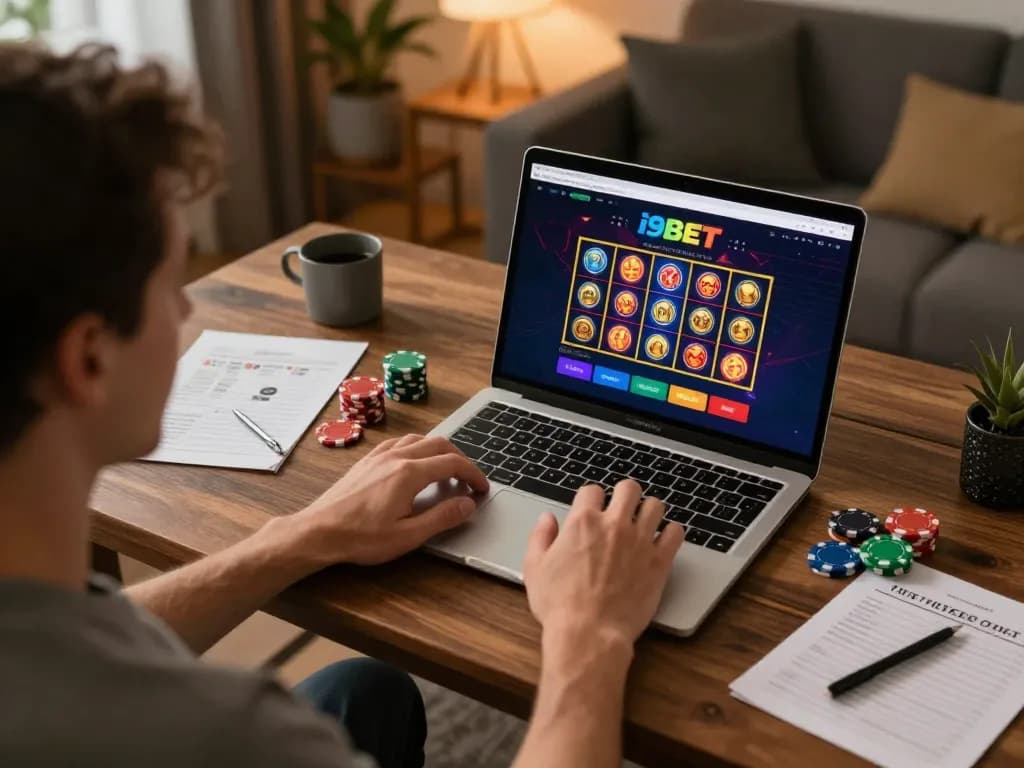 I9BET player strategizing while enjoying online casino games on laptop at home