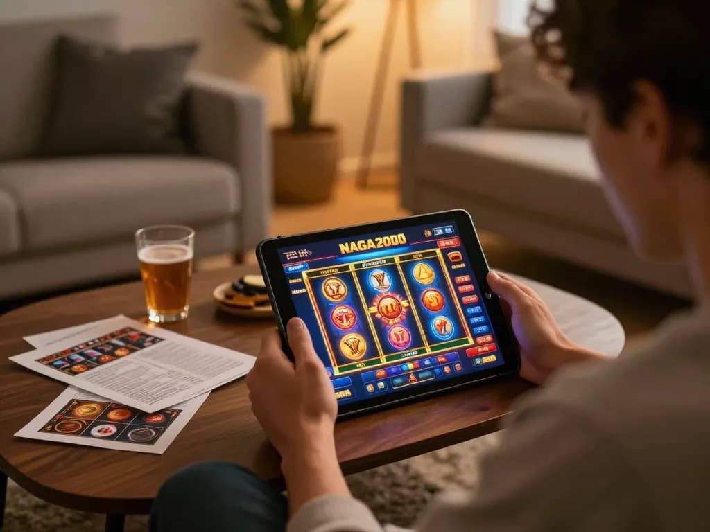 NAGA2000 player focused on tablet showing exciting online casino games.