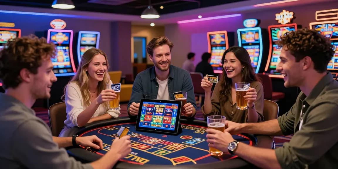 Players enjoying the thrill of BRCS credit card casinos in a lively casino setting with games and neon lights.