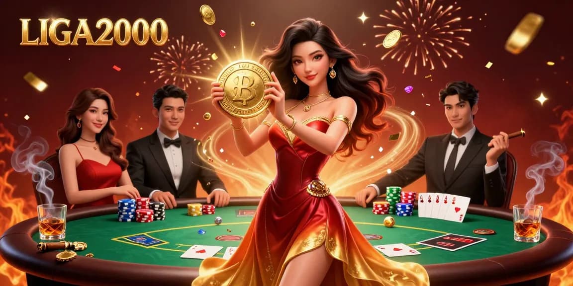 LIGA2000 menampilkan suasana kasino online yang hidup dengan seorang wanita Asia memegang koin emas di tengah elemen poker dan perayaan.