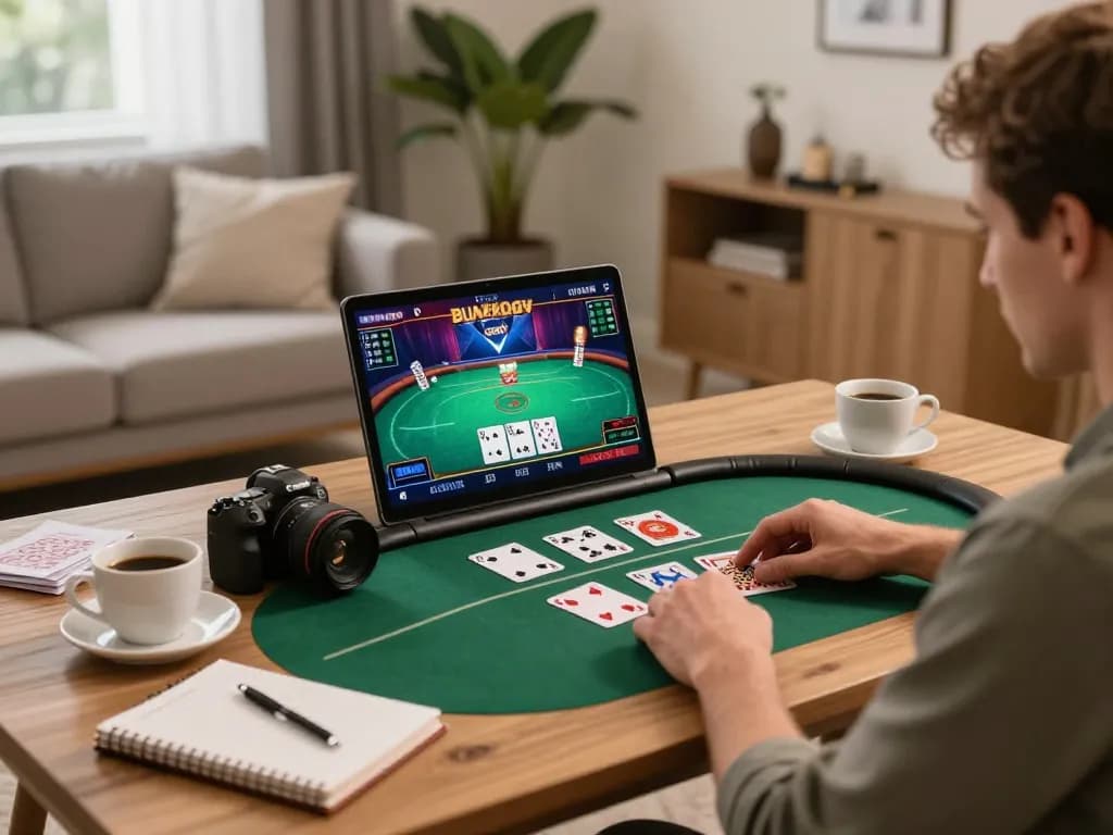 Playing poker online at home with 789F on a laptop, showcasing strategic gameplay.