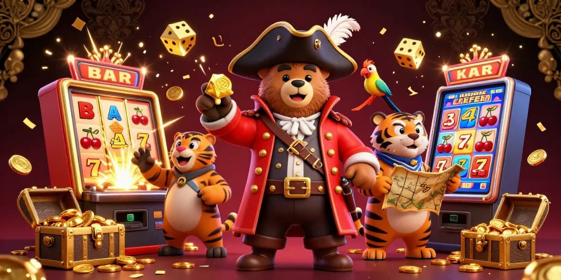 MuddleDash Malaysia engages players with dynamic 3D casino visuals featuring a bear captain and tiger first mate amid jackpot symbols.