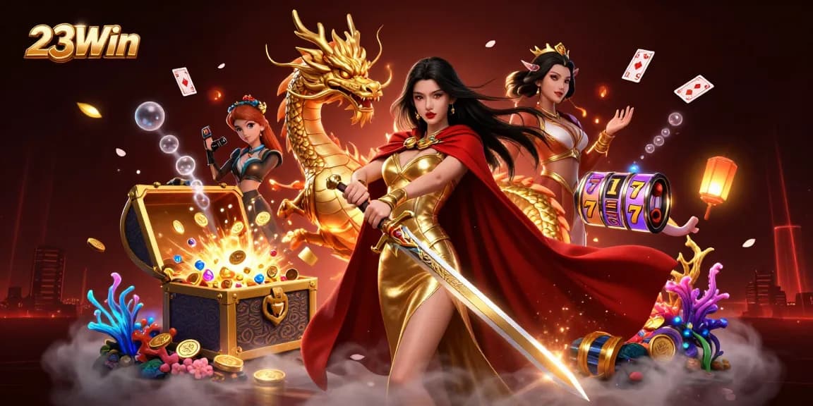 Engage with 23Win's thrilling casino experience, featuring a warrior queen and golden dragon amidst slot reels and treasure.