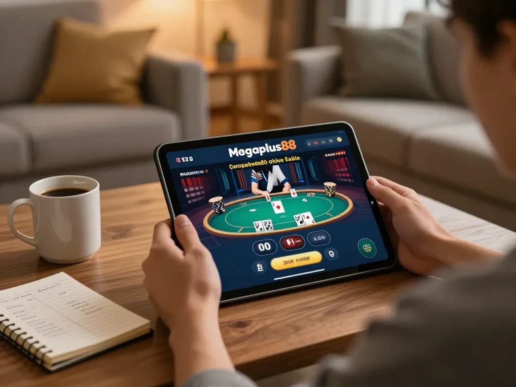 Player enjoying a gaming session on megaplus88 in a cozy home environment with poker interface visible.