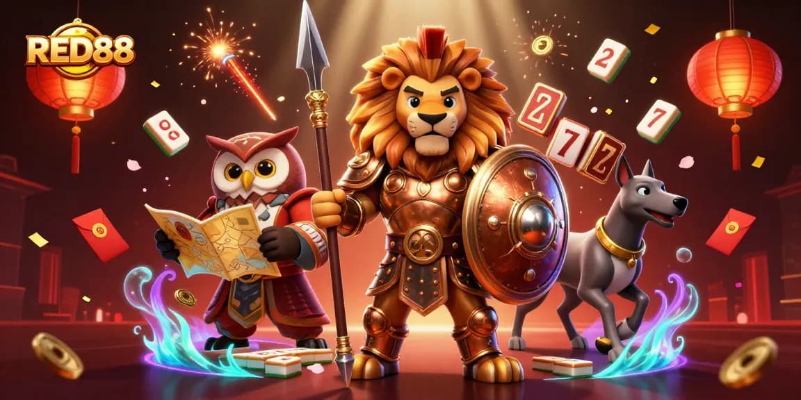 Engage with the RED88 dynamic casino scene featuring a Spartan lion, strategic owl, and swift greyhound among extravagant game elements.